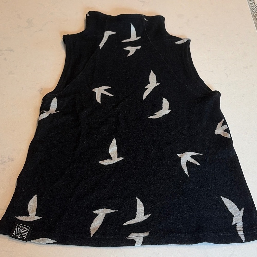 Oiselle Mock Neck Top Womens S Black Bird Print Merino Wool Sleeveless Sport - Picture 3 of 7